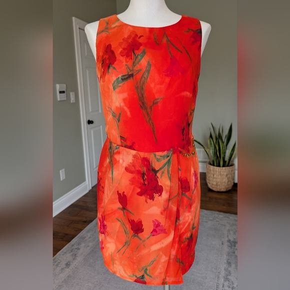 Joseph Ribkoff Dresses & Skirts - Vintage Joseph Ribkoff Floral Sheath Dress Orange Red Watercolor Print Size 8